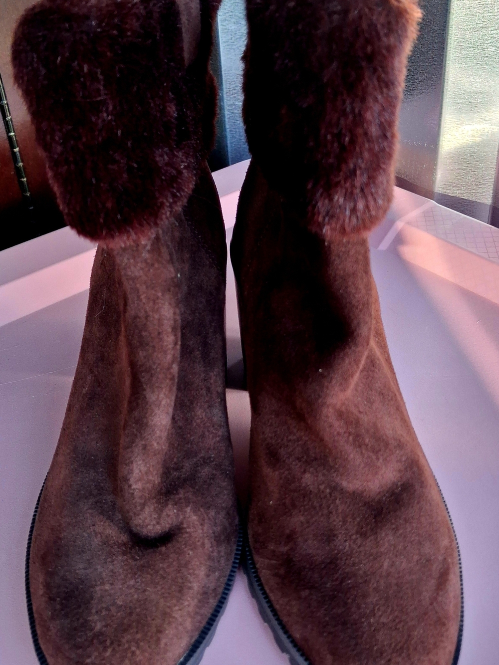 H by Halston Dark Brown Suede Ankle Boots with Fur Cuff